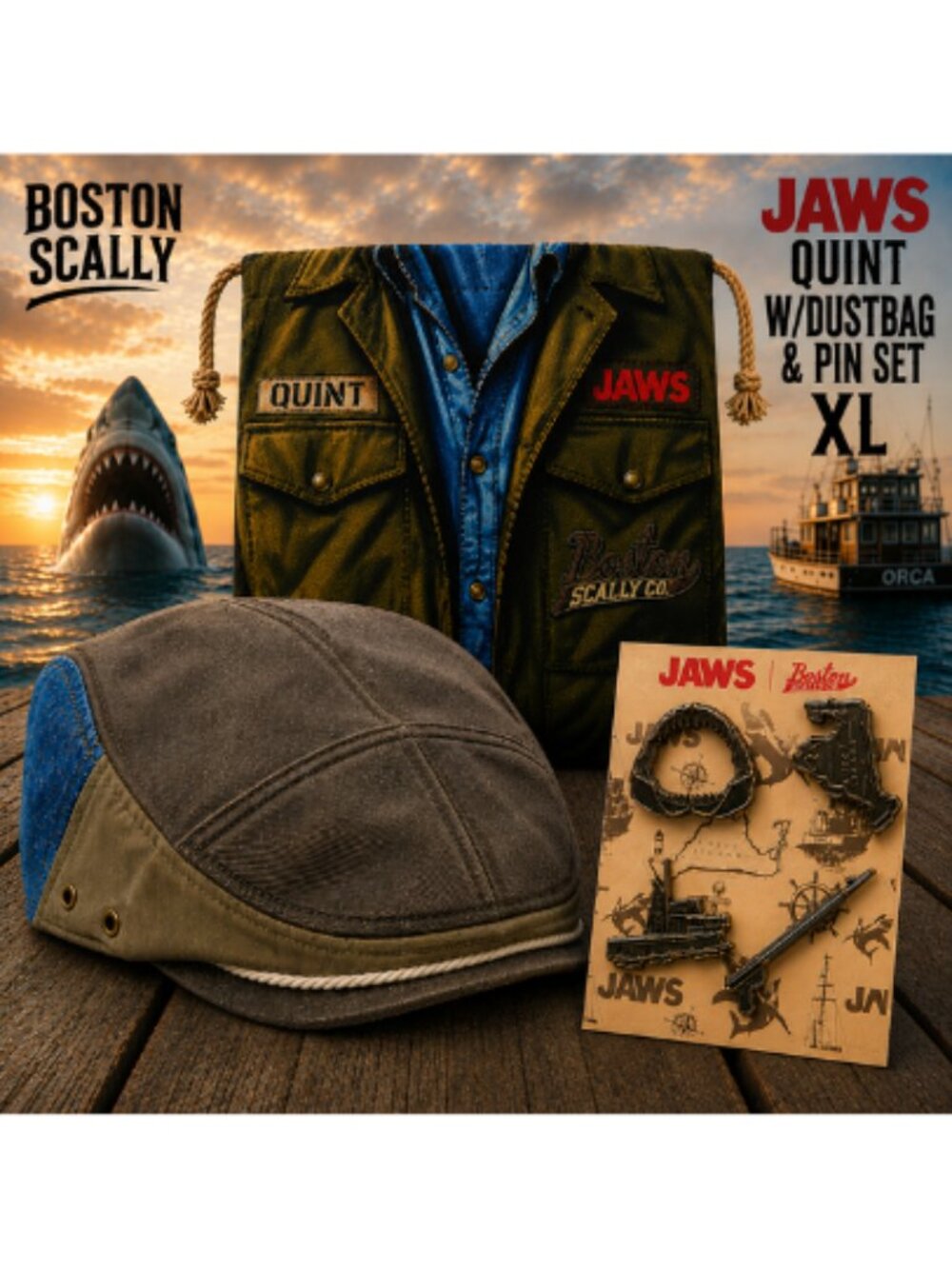 Boston Scally The JAWS Captain QUINT Single Panel Cap-XL- W/Dustbag & Pin Set